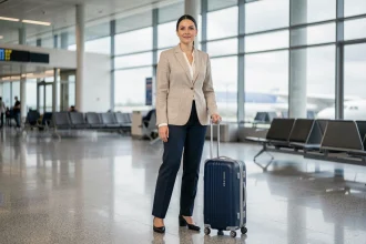 Femme debout à côté d'une valise cabine 15 kg dans un terminal d'aéroport moderne