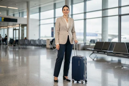 Femme debout à côté d'une valise cabine 15 kg dans un terminal d'aéroport moderne