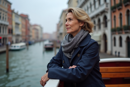 Femme regardant le canal de Venise depuis un vaporetto