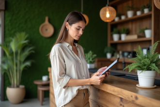 Femme vérifiant un ecolabel dans un hôtel écologique