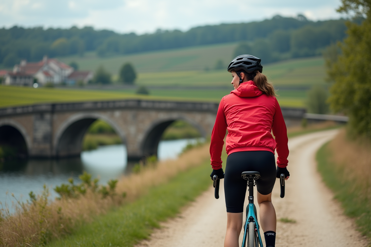 Jeune femme à vélo rouge traverse un vieux pont en campagne