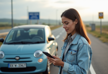 Femme française avec veste en denim utilisant son smartphone à côté d'une voiture