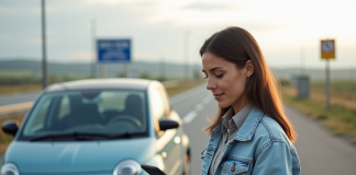 Femme française avec veste en denim utilisant son smartphone à côté d'une voiture