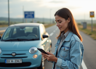 Femme française avec veste en denim utilisant son smartphone à côté d'une voiture