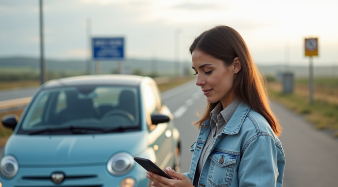 Femme française avec veste en denim utilisant son smartphone à côté d'une voiture