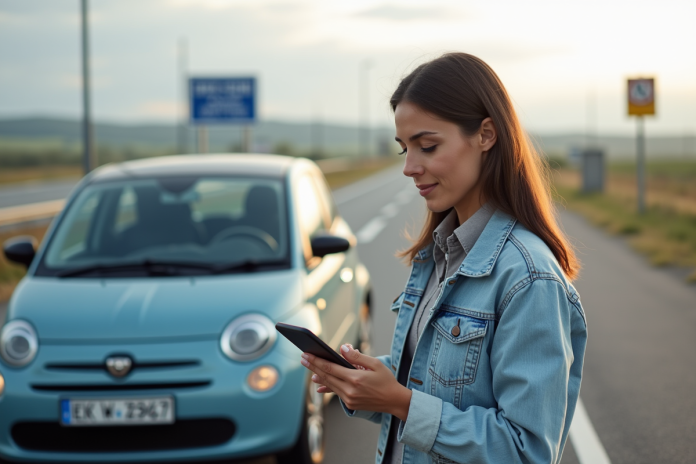 Femme française avec veste en denim utilisant son smartphone à côté d'une voiture
