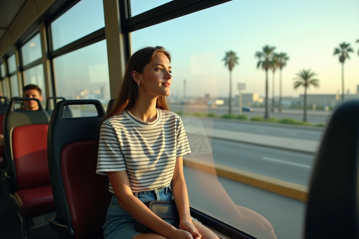 Jeune femme regardant par la fenêtre du bus à Casablanca