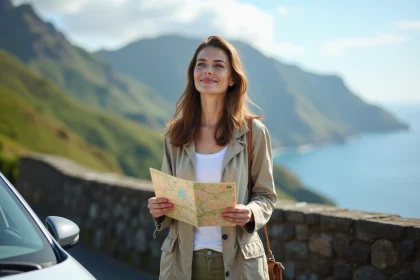 Femme souriante avec carte devant une voiture à Madère