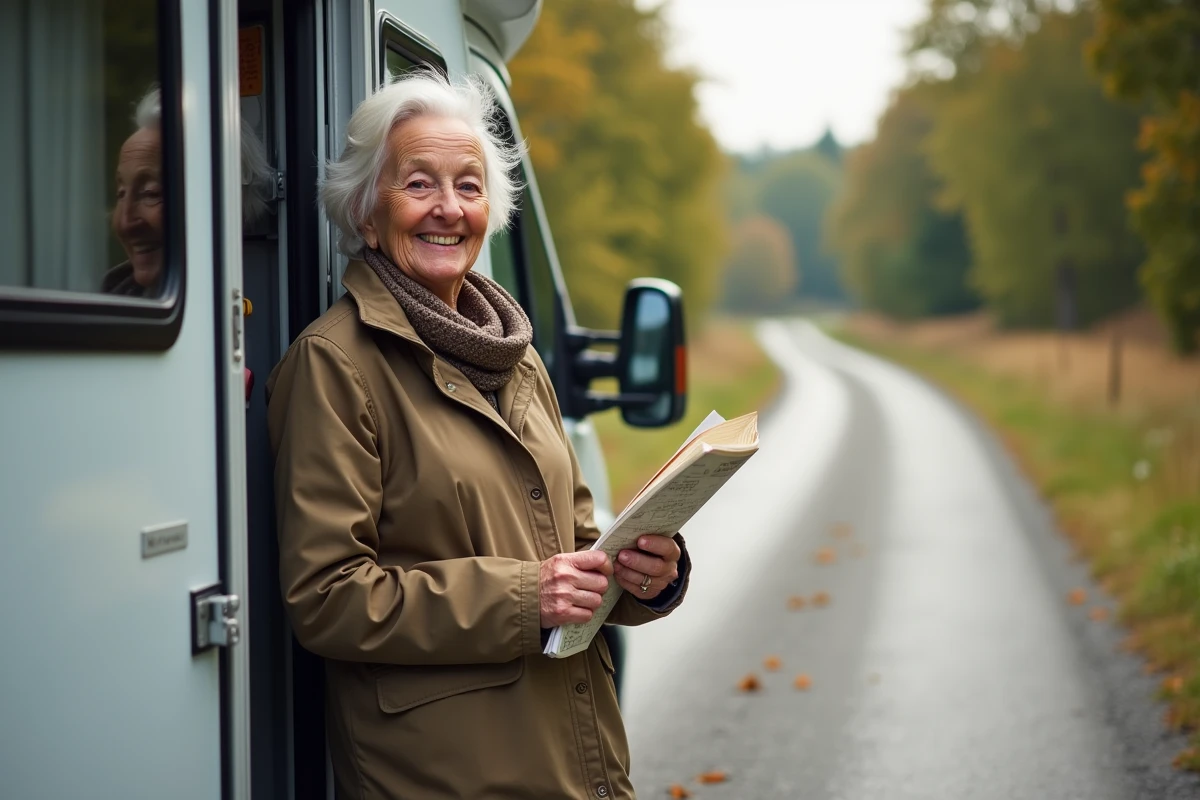 Femme senior avec carte devant son camping-car en nature