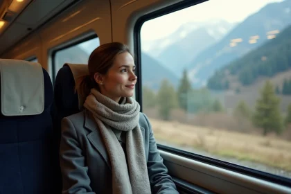Jeune femme dans un train regardant les Alpes