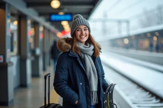 Jeune femme en hiver attendant le train avec skis