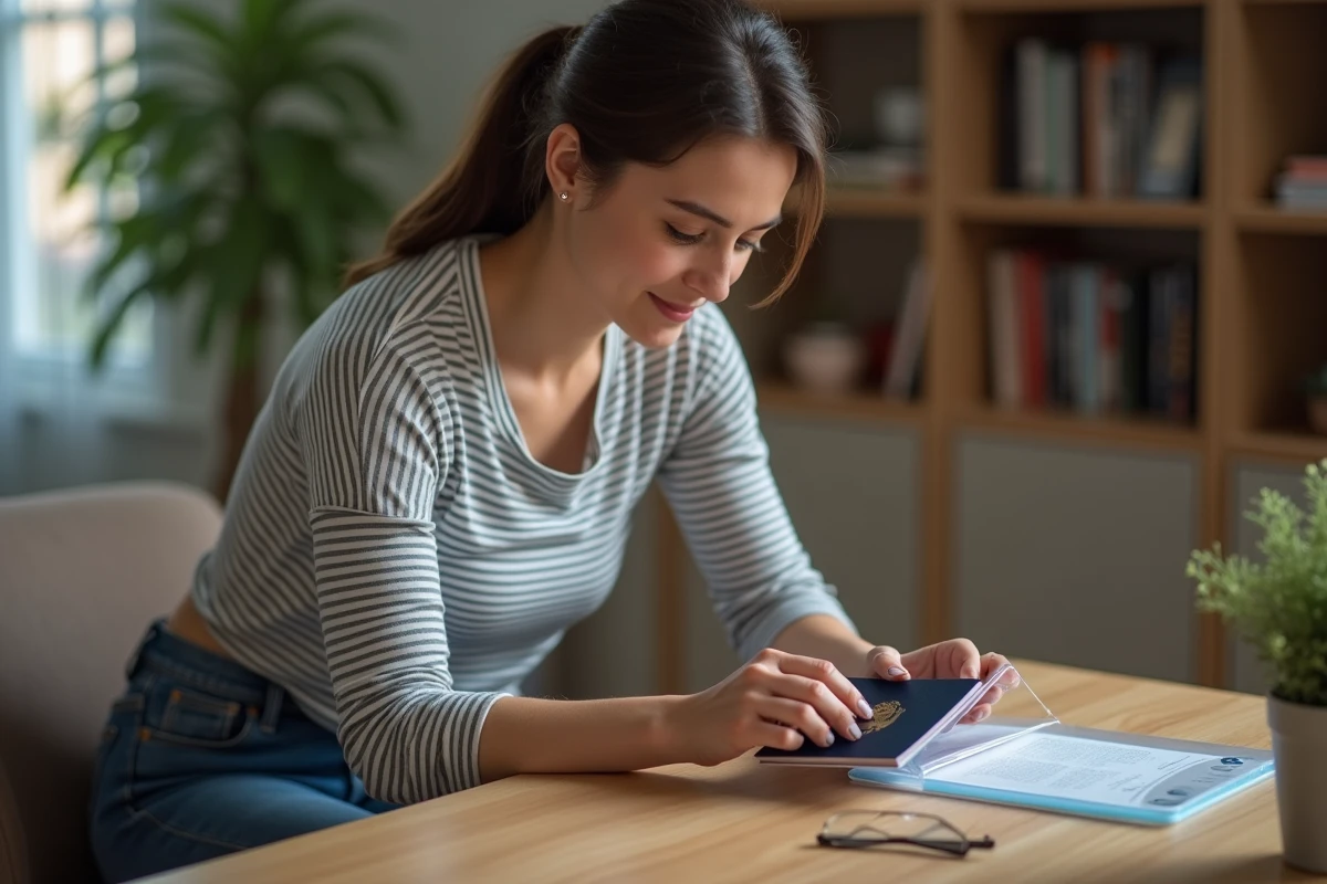 Femme rangeant son passeport dans un sac plastique