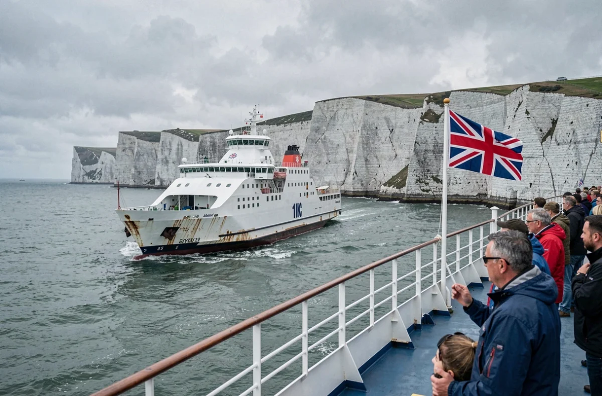 Ferry transmanche naviguant face aux falaises blanches de Douvres avec des passagers sur le pont supérieur
