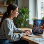 Jeune femme explore une ville virtuelle sur son ordinateur