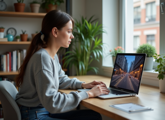 Jeune femme explore une ville virtuelle sur son ordinateur