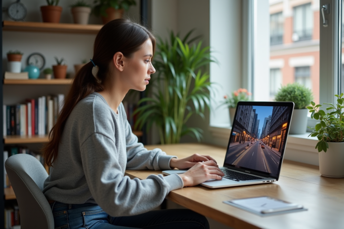 fille-ordinateur-ville-immersion Jeune femme explore une ville virtuelle sur son ordinateur