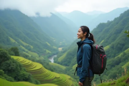 Jeune femme philippine sur une montagne avec rizières