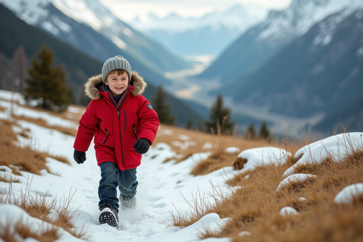 Garcon courant dans un pre alpin avec neige fondante