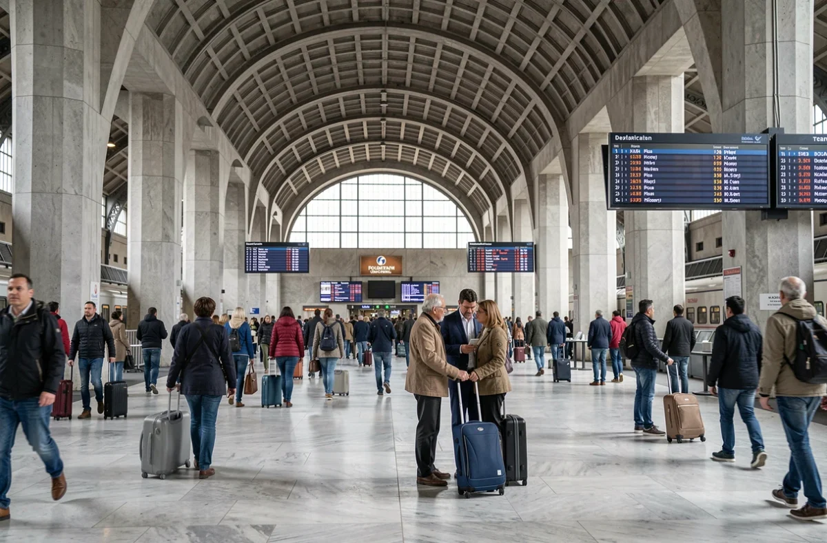 Hall de la gare Roma Termini avec des voyageurs consultant les panneaux de départ vers Pise