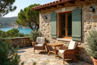 Gîte en pierre typique de Corse du Sud avec terrasse en bois et vue sur le maquis près de Cala d'Orzu