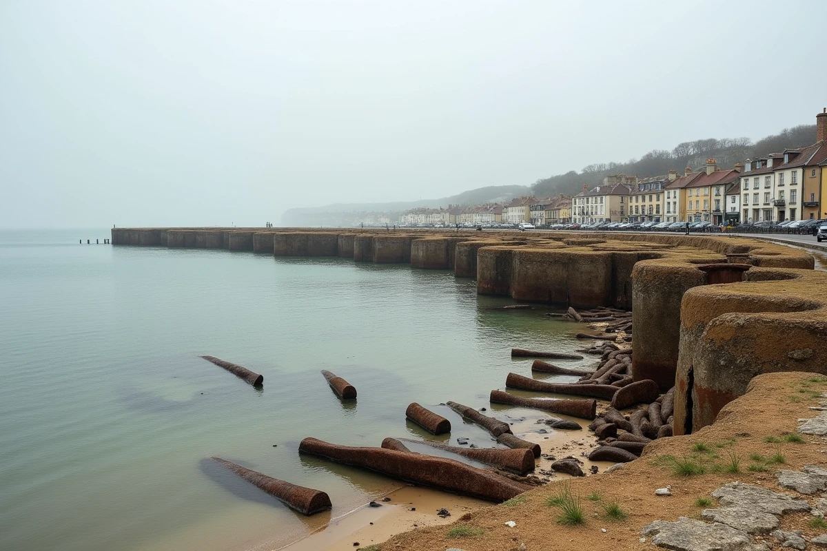 Vestiges du port Mulberry en mer &agrave; Arromanches-les-Bains sur Gold Beach avec le village normand en arri&egrave;re-plan