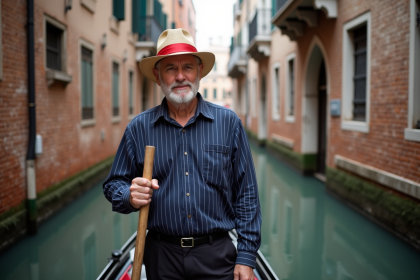 Gondolier venetien en tenue traditionnelle sur un canal