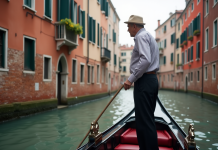 Horaires et durée des promenades en gondole à Venise : tout ce qu’il faut savoir ! Gondolier italien au bord d'un canal vénitien avec bâtiments Renaissance