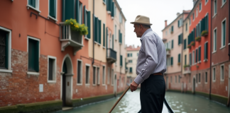 Horaires et durée des promenades en gondole à Venise : tout ce qu’il faut savoir ! Gondolier italien au bord d'un canal vénitien avec bâtiments Renaissance