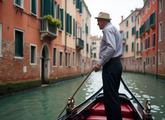 Gondolier italien au bord d'un canal vénitien avec bâtiments Renaissance