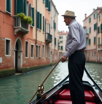 Gondolier italien au bord d'un canal vénitien avec bâtiments Renaissance