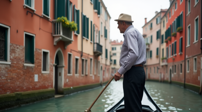 Gondolier italien au bord d'un canal vénitien avec bâtiments Renaissance