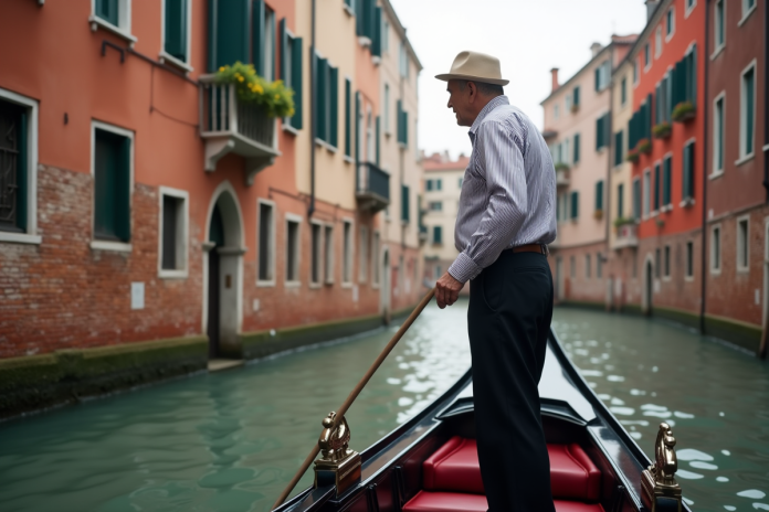 gondolier-venise-canal-1 Gondolier italien au bord d'un canal vénitien avec bâtiments Renaissance
