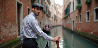 Jeune gondolier vénitien guidant une gondole sur un canal