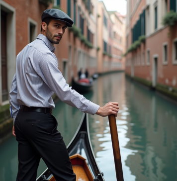 Jeune gondolier vénitien guidant une gondole sur un canal