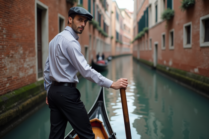 gondolier-venise-canal Jeune gondolier vénitien guidant une gondole sur un canal