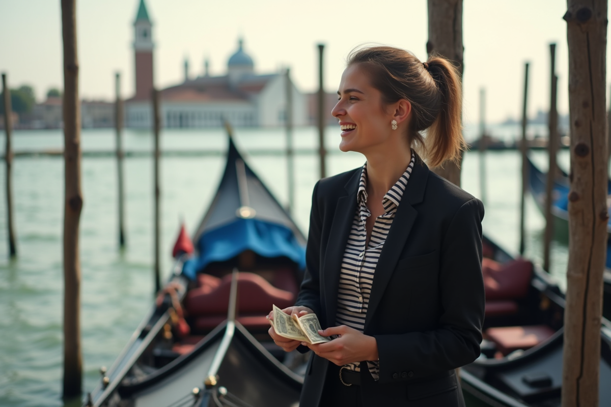 Jeune gondoliere riant avec argent sur un quai