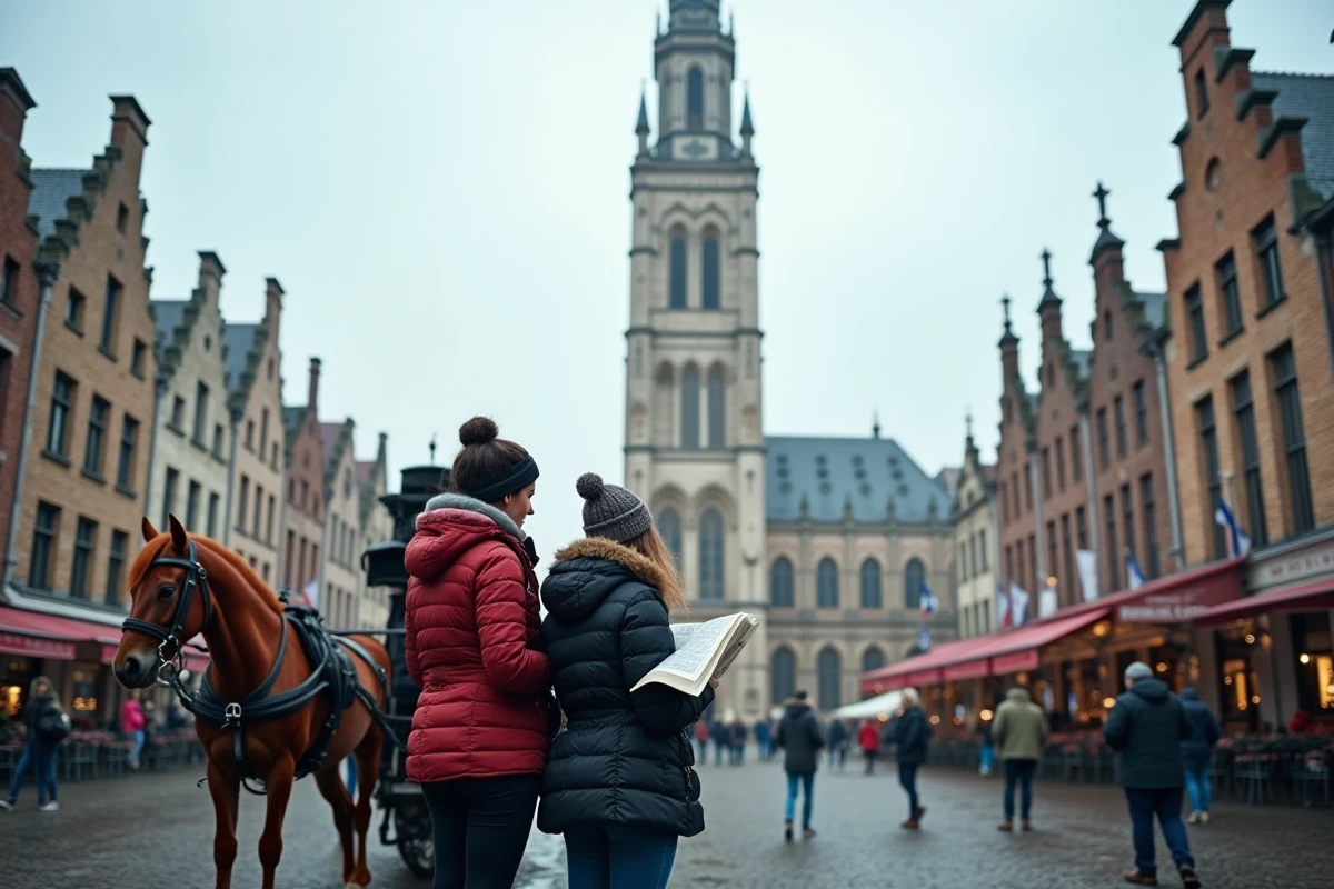 Touristes consultant une carte sur la Grand-Place de Bruges avec le beffroi médiéval dominant la place historique