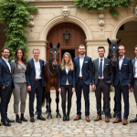 Ville du cheval en France : quel est ce lieu magique où les amoureux de chevaux se retrouvent ? Groupe d'hommes et femmes en tenue d'équitation devant un bâtiment ancien