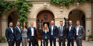 Groupe d'hommes et femmes en tenue d'équitation devant un bâtiment ancien