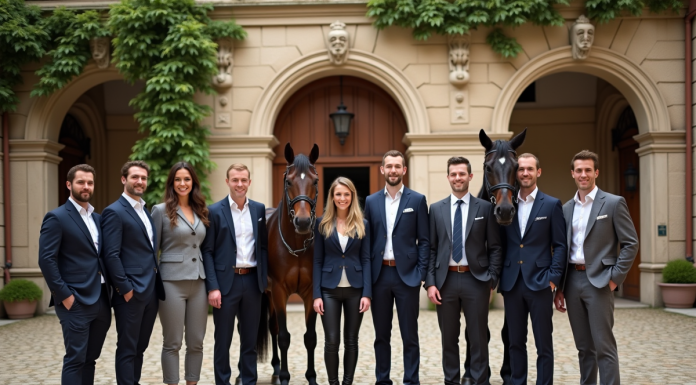 Ville du cheval en France : quel est ce lieu magique où les amoureux de chevaux se retrouvent ? Groupe d'hommes et femmes en tenue d'équitation devant un bâtiment ancien