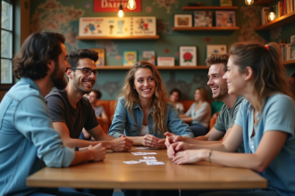Groupe de jeunes souriants jouant aux cartes dans une auberge