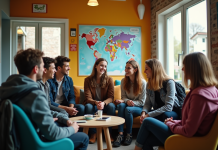 Jeunes voyageurs discutant dans un salon d'auberge dynamique