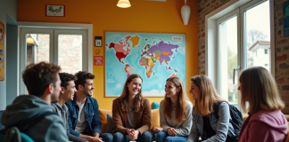 Jeunes voyageurs discutant dans un salon d'auberge dynamique