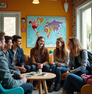 Jeunes voyageurs discutant dans un salon d'auberge dynamique