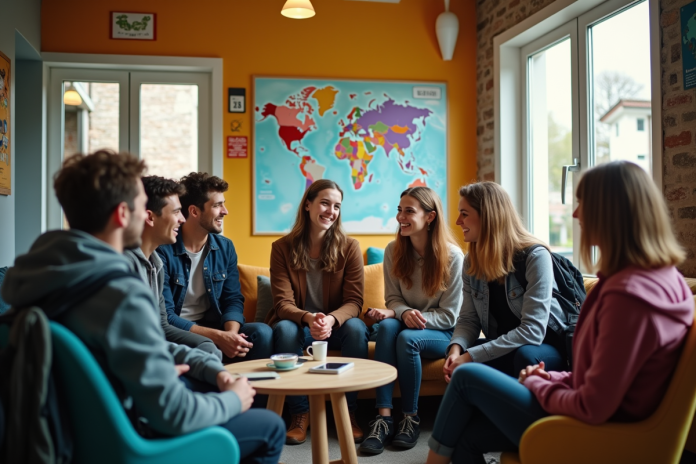 groupe-voyageurs-hostel Jeunes voyageurs discutant dans un salon d'auberge dynamique
