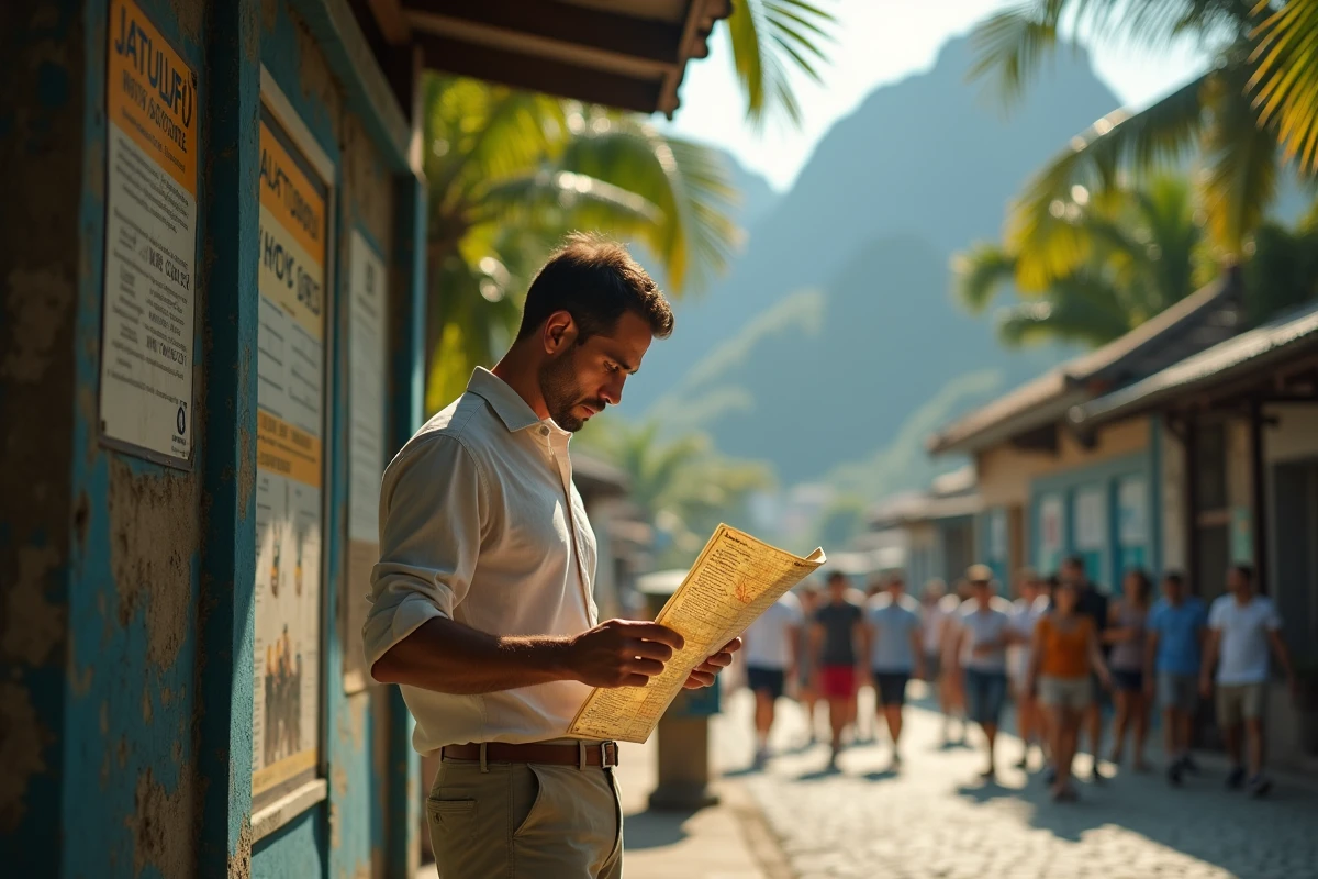 Touriste consultant une carte devant un guichet de billets au pied du Corcovado à Rio de Janeiro