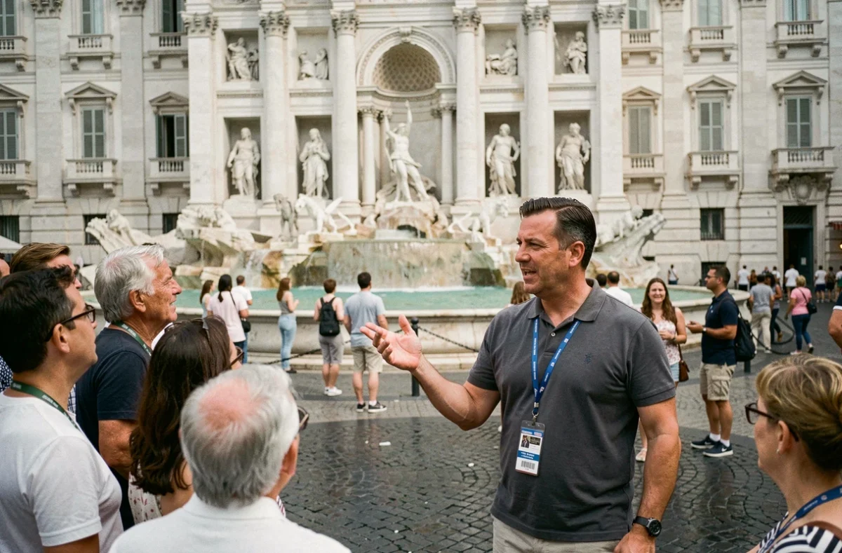 Guide touristique expliquant la Fontaine de Trévi à des passagers de croisière lors d'une excursion à Rome