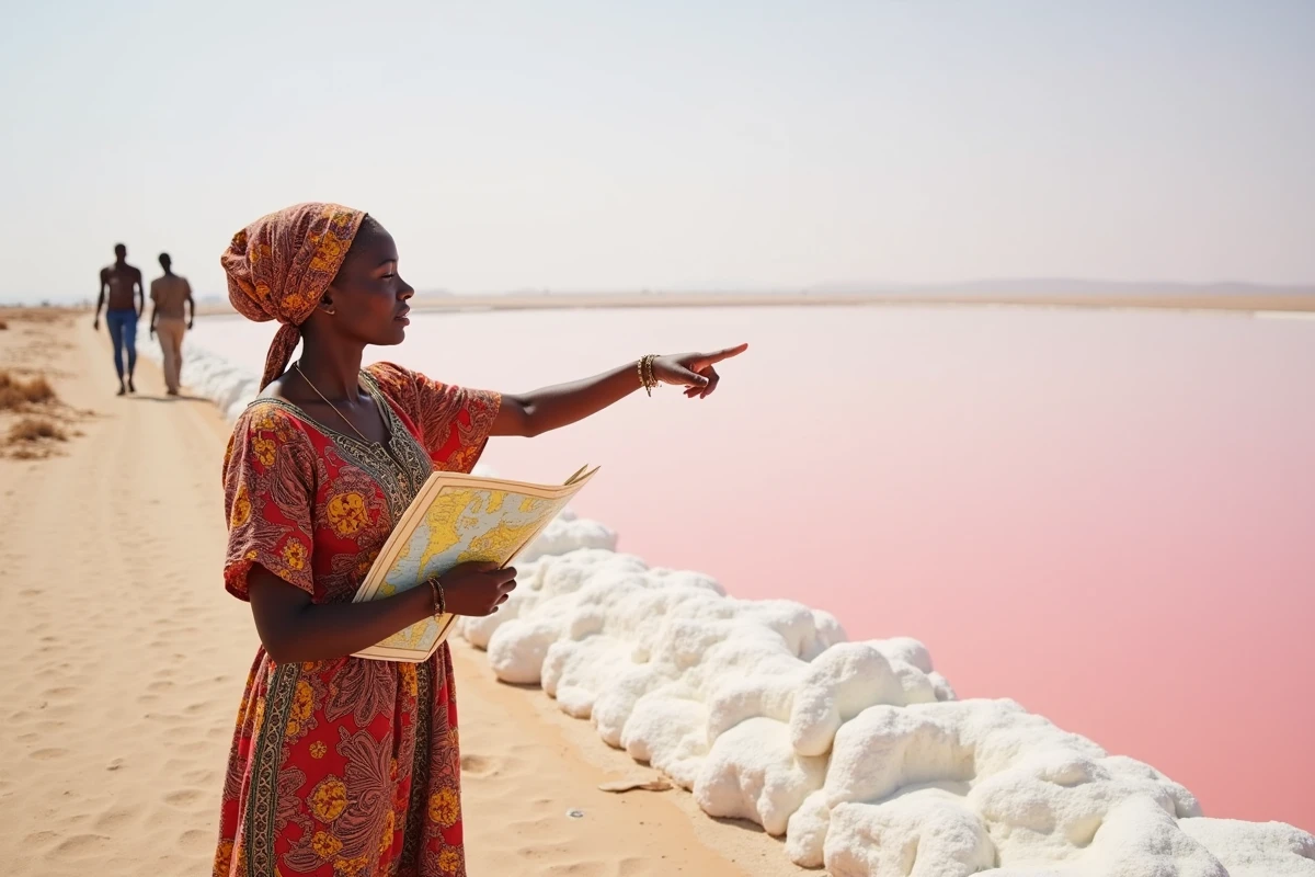 Guide touristique en tenue traditionnelle pointant le Lac Rose du Sénégal sur fond de récolteurs de sel
