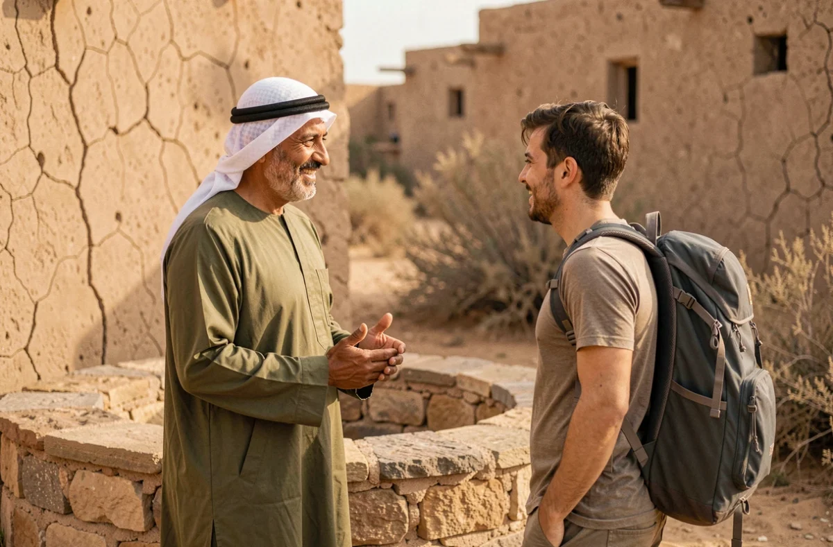 Guide local tunisien en gandoura discutant avec un voyageur en solo près d'un puits de l'oasis de Ksar Ghilane