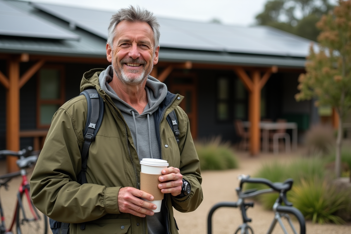 Homme en randonnée près d un hôtel écologique